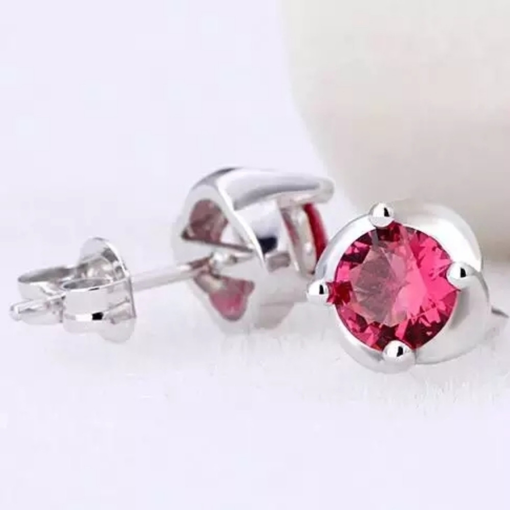 NEW 925 Silver Round Pink Sapphire Stud Earrings - Picture 7 of 12